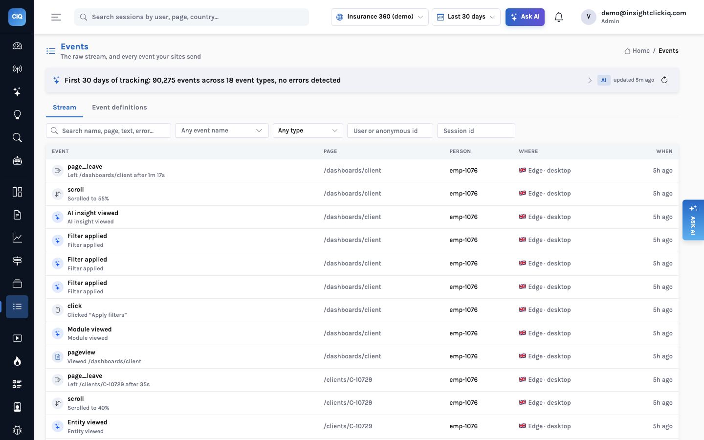 The raw event stream for Insurance 360: one employee's session showing page leave, scroll, AI insight viewed, Filter applied, Apply filters click, Module viewed and pageview events on the client dashboard, then Entity viewed on a client page and Quote created on a policy page