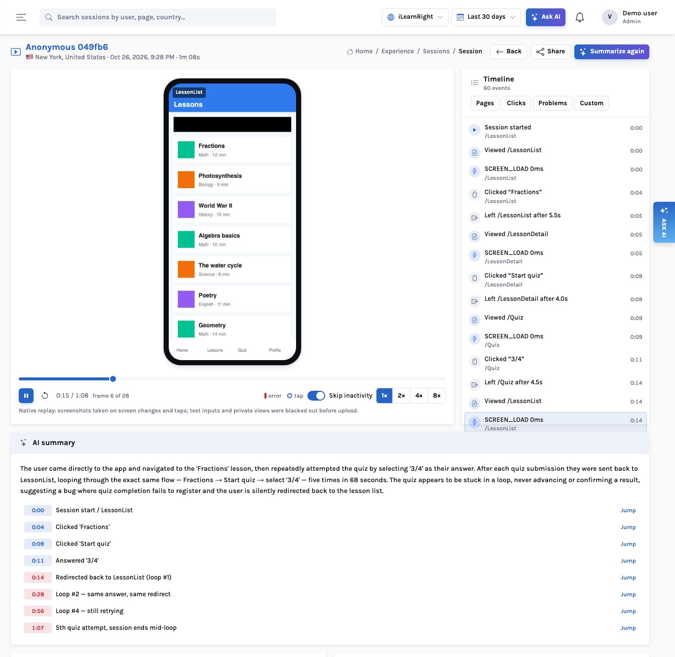 An iOS session replay in a phone frame showing the Lessons screen at 0:15 of 1:08, frame 6 of 28, with the search field blacked out; the timeline beside it; and an AI summary describing a quiz loop with eight highlights