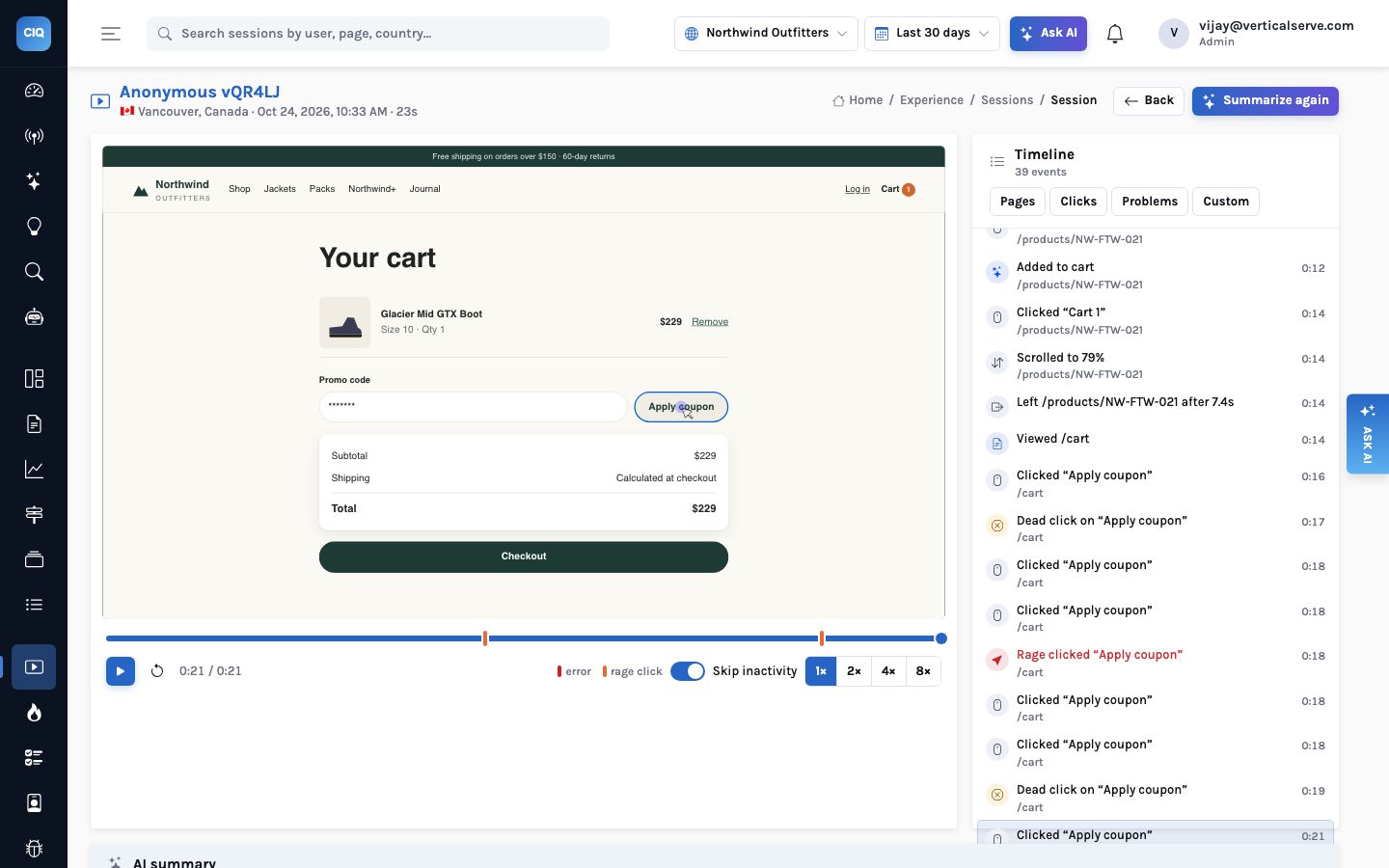 A session replay of the Northwind cart: Glacier Mid GTX Boot, size 10, $229, the promo code field masked as asterisks and the cursor on Apply coupon. The timeline on the right lists Clicked Apply coupon, Dead click on Apply coupon, and Rage clicked Apply coupon, all between 0:16 and 0:21