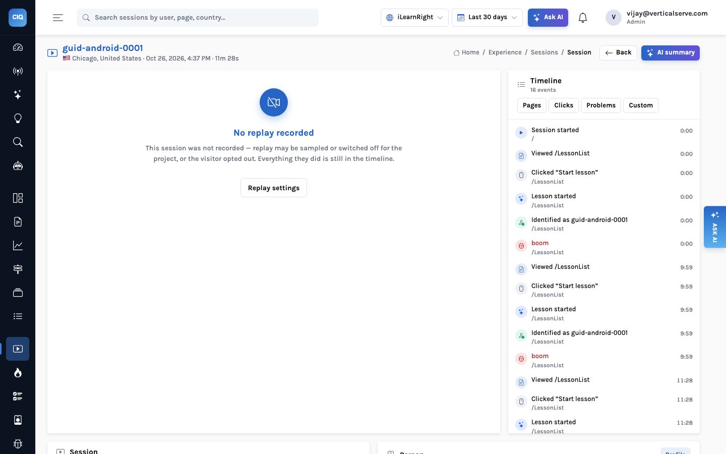 A session page for guid-android-0001 in Chicago, 11 minutes 28 seconds, with no replay recorded and a timeline of 16 events: session started, viewed /LessonList, clicked Start lesson, Lesson started, identified as guid-android-0001, an error named boom, repeated at 9:59 and 11:28