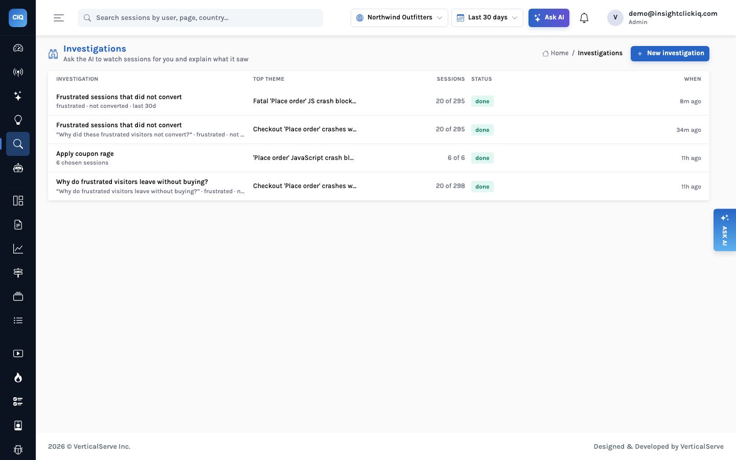 The Investigations list with four investigations: two on frustrated sessions that did not convert, each 20 of about 295 sessions, one on Apply coupon rage with 6 of 6, and one asking why frustrated visitors leave without buying, with their top themes