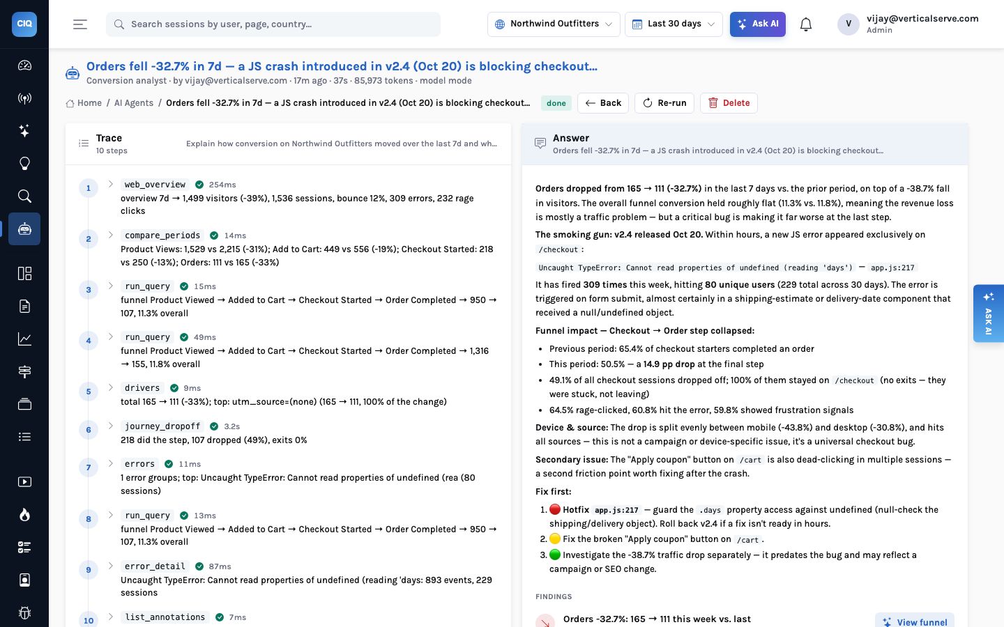 An agent run page: a trace of ten tool calls on the left — web_overview, compare_periods, run_query, drivers, journey_dropoff, errors, error_detail, list_annotations — each with its time and a one-line result; on the right the answer: orders fell from 165 to 111, a JS crash introduced in v2.4 on October 20 is blocking checkout, with what to fix first