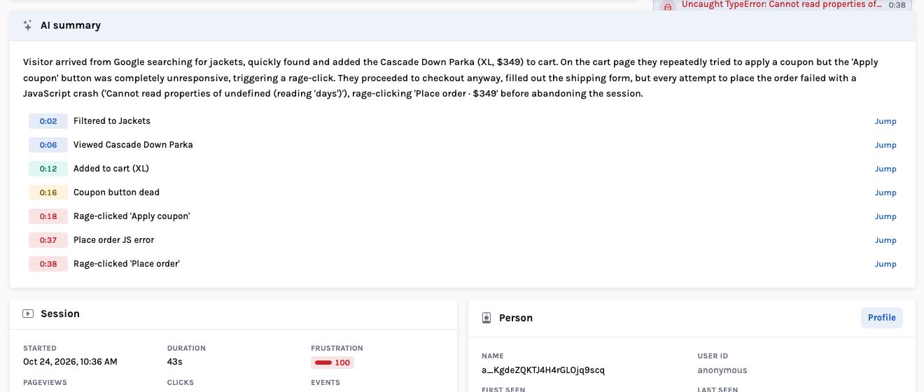 The AI summary panel under the replay: the paragraph above, then seven highlights with coloured time badges and a Jump link on each: 0:02 Filtered to Jackets, 0:06 Viewed Cascade Down Parka, 0:12 Added to cart (XL), 0:16 Coupon button dead, 0:18 Rage-clicked Apply coupon, 0:37 Place order JS error, 0:38 Rage-clicked Place order