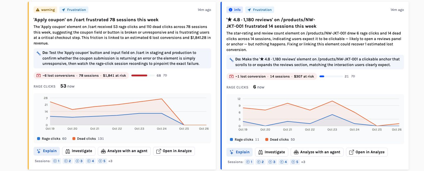 Two frustration signal cards: Apply coupon on the cart frustrated 78 sessions, about 6 lost conversions and 1,841 dollars at risk, score 68, with a rage and dead clicks chart; and the star rating on a jacket page frustrated 14 sessions, about 1 lost conversion and 307 dollars, score 21