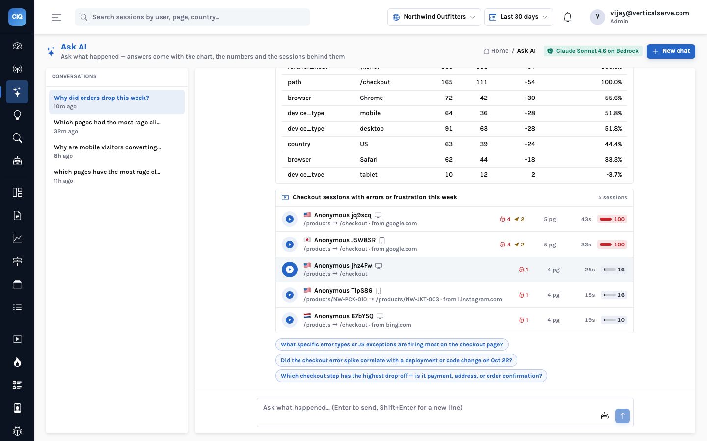 The Ask AI page with the badge Claude Sonnet 4.6 on Bedrock, a drivers table showing orders by path, browser, device type and country, five checkout sessions with errors, and suggested follow-up questions