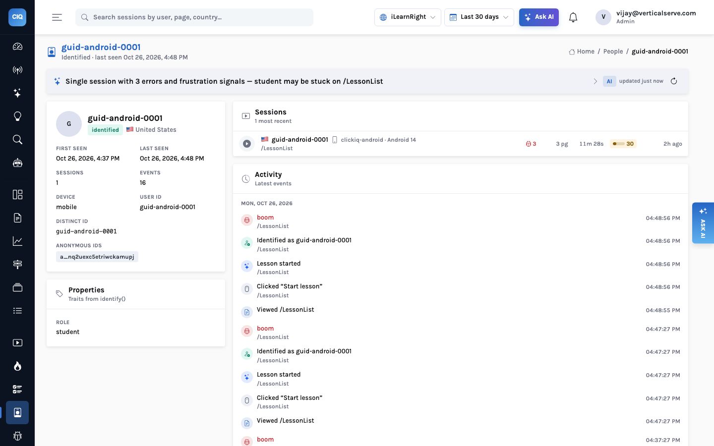 A person page for an identified mobile user, guid-android-0001, showing one Android session, sixteen events, the role trait student, and an AI line noting three errors on /LessonList