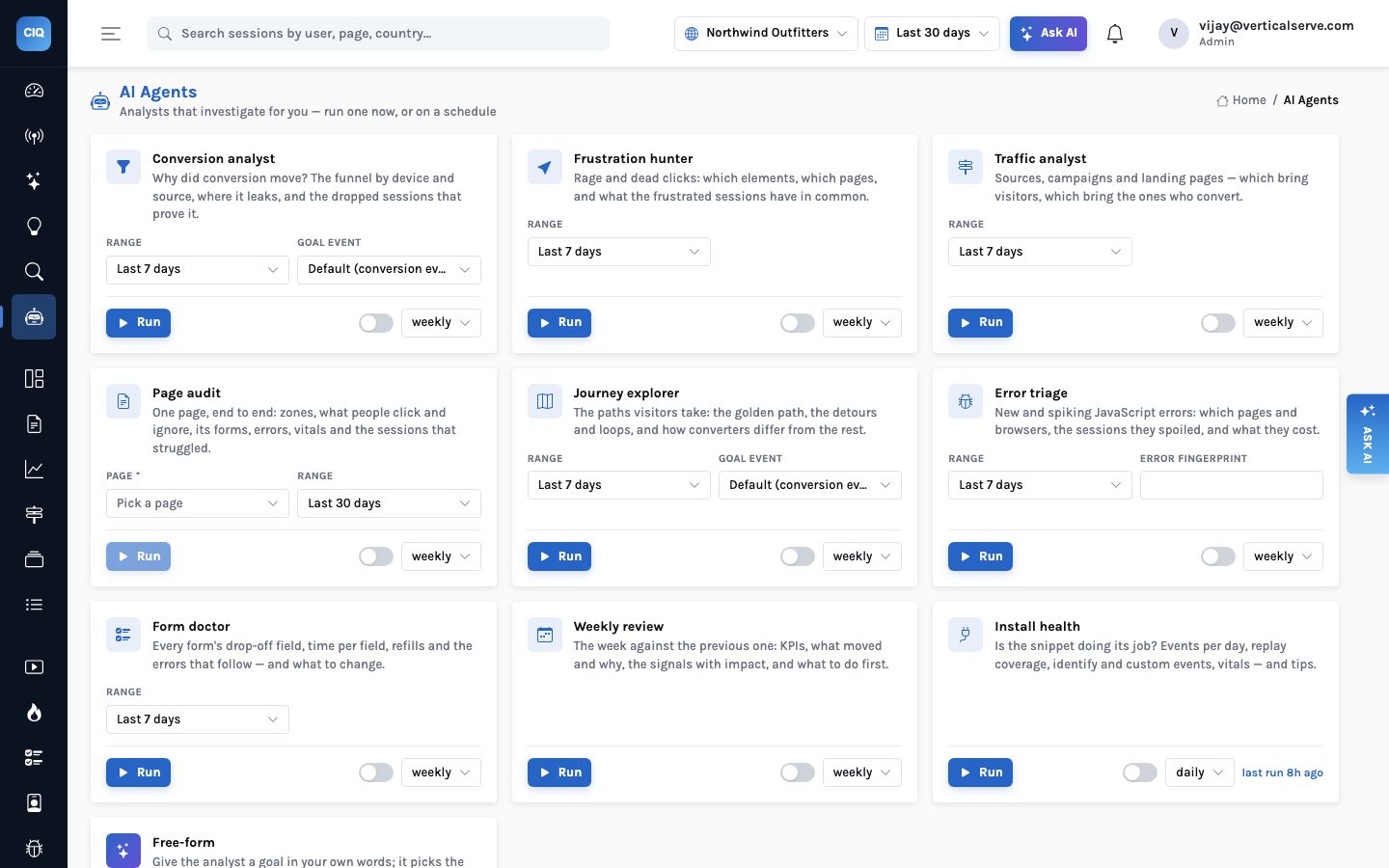 The AI Agents page listing nine playbooks — conversion analyst, frustration hunter, traffic analyst, page audit, journey explorer, error triage, form doctor, weekly review and install health — each with a Run button and a weekly or daily schedule toggle
