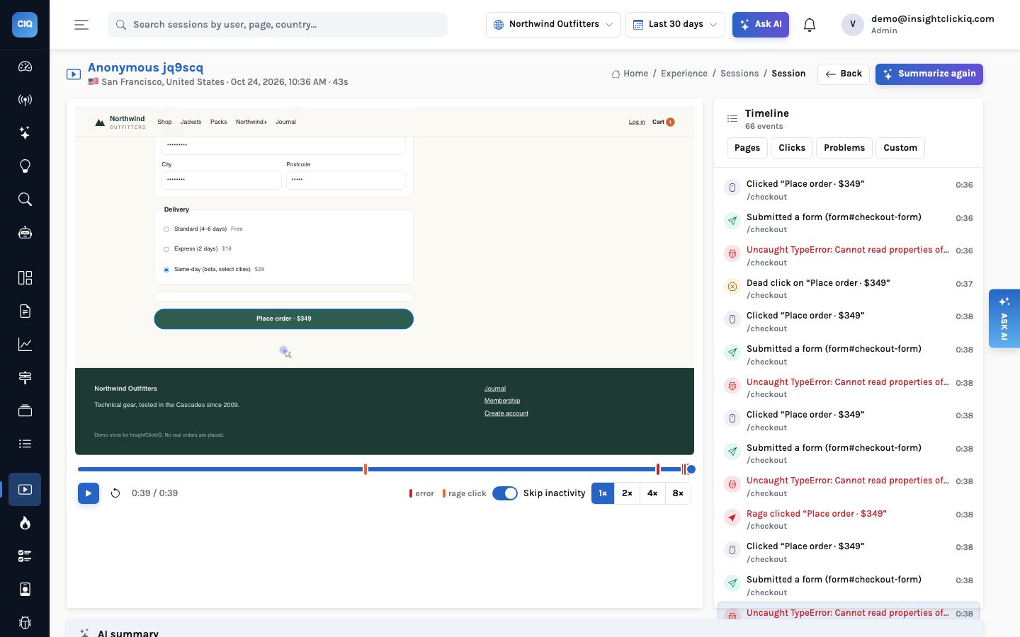 A session replay of the Northwind checkout page with the Place order button, and the timeline beside it showing repeated Clicked Place order, Submitted a form and Uncaught TypeError entries, then a dead click and a rage click