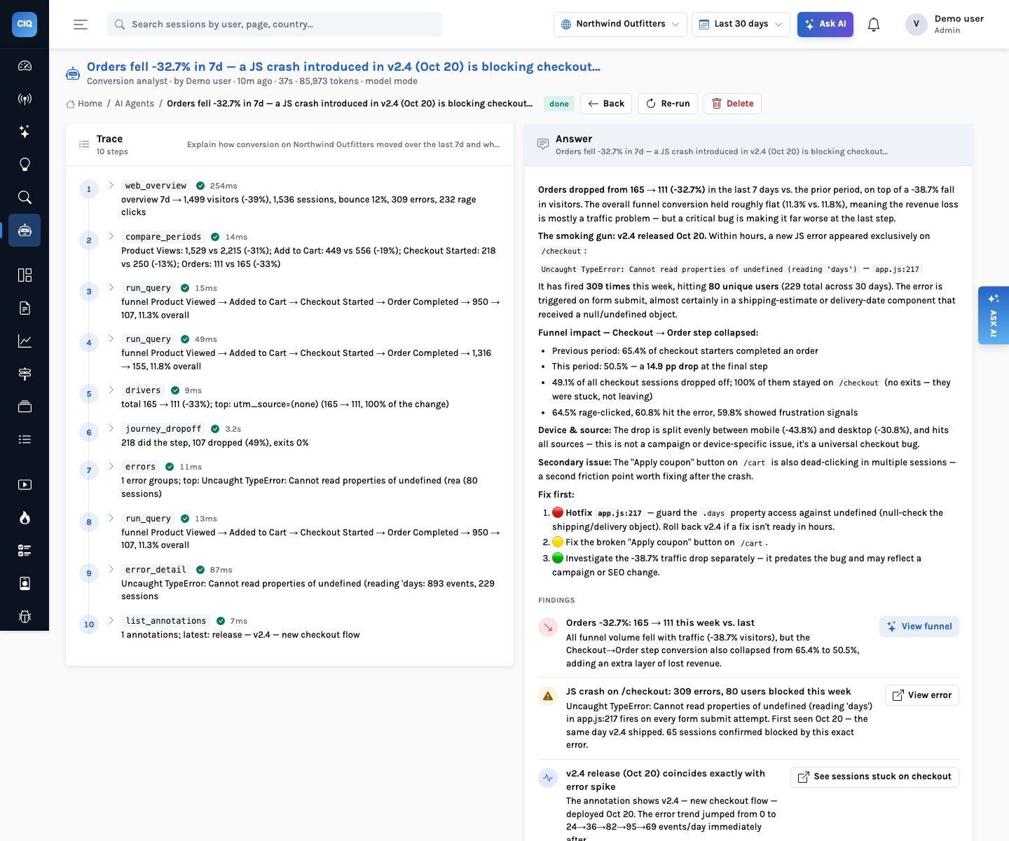 AI agent run titled &lsquo;Orders fell -32.7% in 7d — a JS crash introduced in v2.4 (Oct 20) is blocking checkout…&rsquo; with a 10-step trace on the left (web_overview, compare_periods, run_query, drivers, journey_dropoff, errors, error_detail, list_annotations) and the answer plus findings cards on the right.