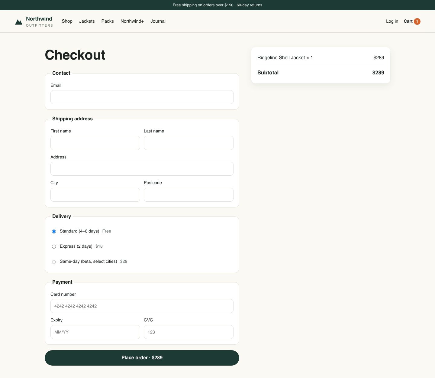 Northwind demo store checkout with Contact, Shipping address, Delivery (Standard free, Express $18, Same-day $29) and Payment sections, an order summary of Ridgeline Shell Jacket × 1 at $289, and a &lsquo;Place order · $289&rsquo; button.