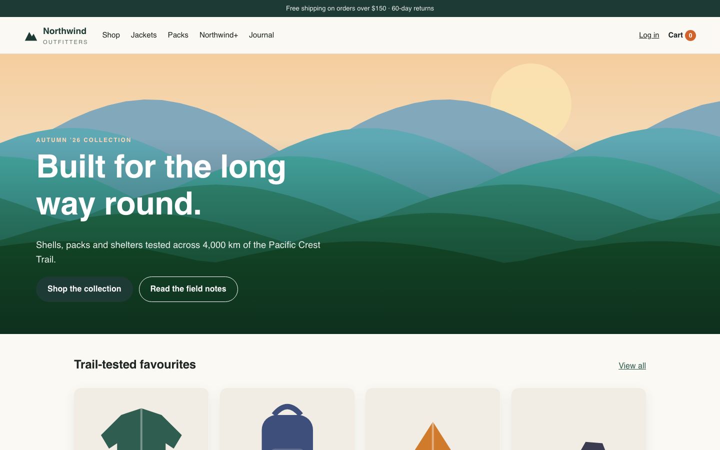 Northwind Outfitters demo store home page with the hero &lsquo;Built for the long way round.&rsquo;, &lsquo;Shop the collection&rsquo; and &lsquo;Read the field notes&rsquo; buttons, and the start of a &lsquo;Trail-tested favourites&rsquo; product row.