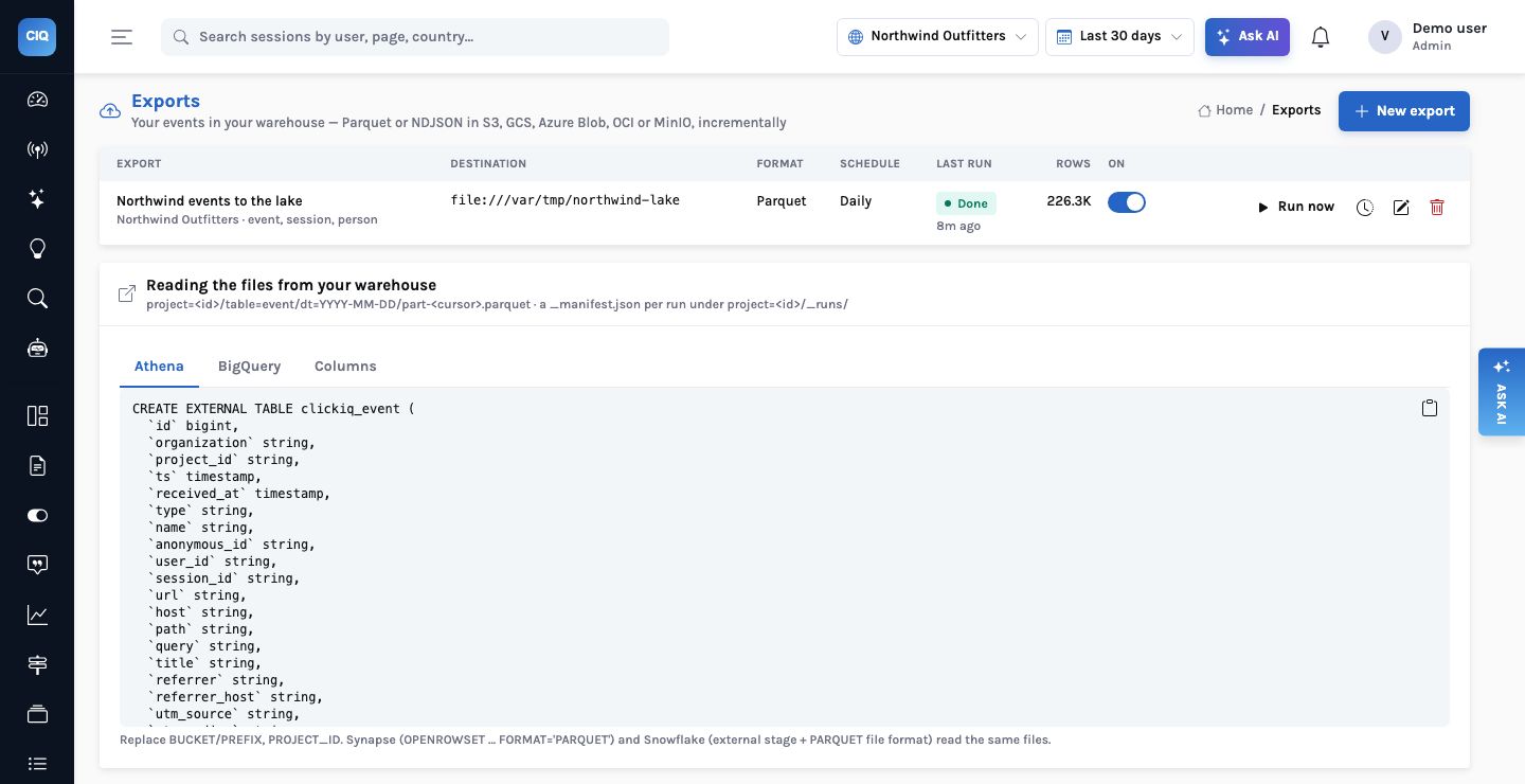 The Exports page: the job ‘Northwind events to the lake’ (event, session, person) writing Parquet daily to a file destination, last run Done, 226.3K rows; below, ‘Reading the files from your warehouse’ with the Hive-style layout project=<id>/table=event/dt=YYYY-MM-DD and Athena, BigQuery and Columns tabs showing the CREATE EXTERNAL TABLE statement.