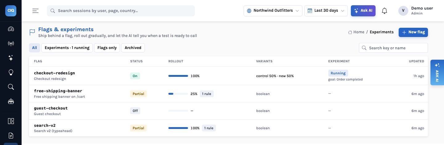 Flags & experiments list for Northwind Outfitters with four flags: checkout-redesign (On, 100%, control 50% &middot; new 50%, experiment Running, goal Order completed), free-shipping-banner (Partial, 25%, 1 rule), guest-checkout (Off) and search-v2 (Partial, 100%, 1 rule).