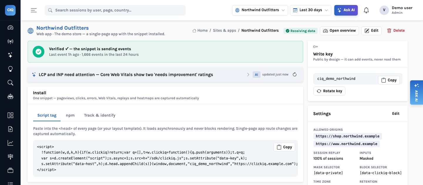 Northwind Outfitters project page with a green ‘Verified ✓ — the snippet is sending events’ banner (1,666 events in the last 24 hours), an Install panel with Script tag, npm and Track & identify tabs and the script snippet, plus the write key ‘ciq_demo_northwind’ and settings.