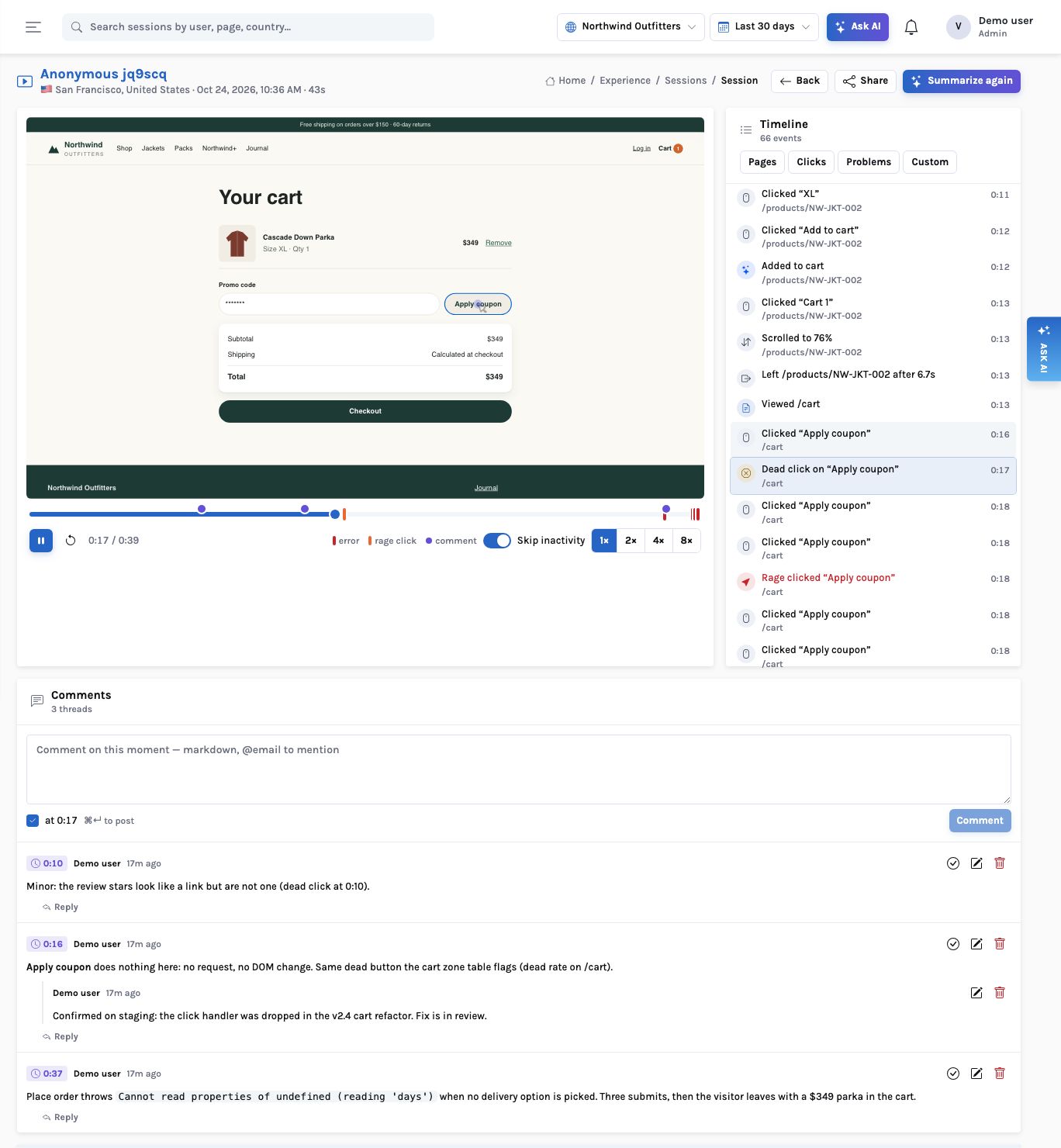 A Northwind session replay paused at 0:17 on the cart page with the Apply coupon button under the cursor; violet comment dots and orange and red error and rage marks on the progress bar; the timeline highlights &lsquo;Dead click on Apply coupon&rsquo;; below, a Comments panel with 3 threads at 0:10, 0:16 (with a reply) and 0:37, each stamped with its moment.