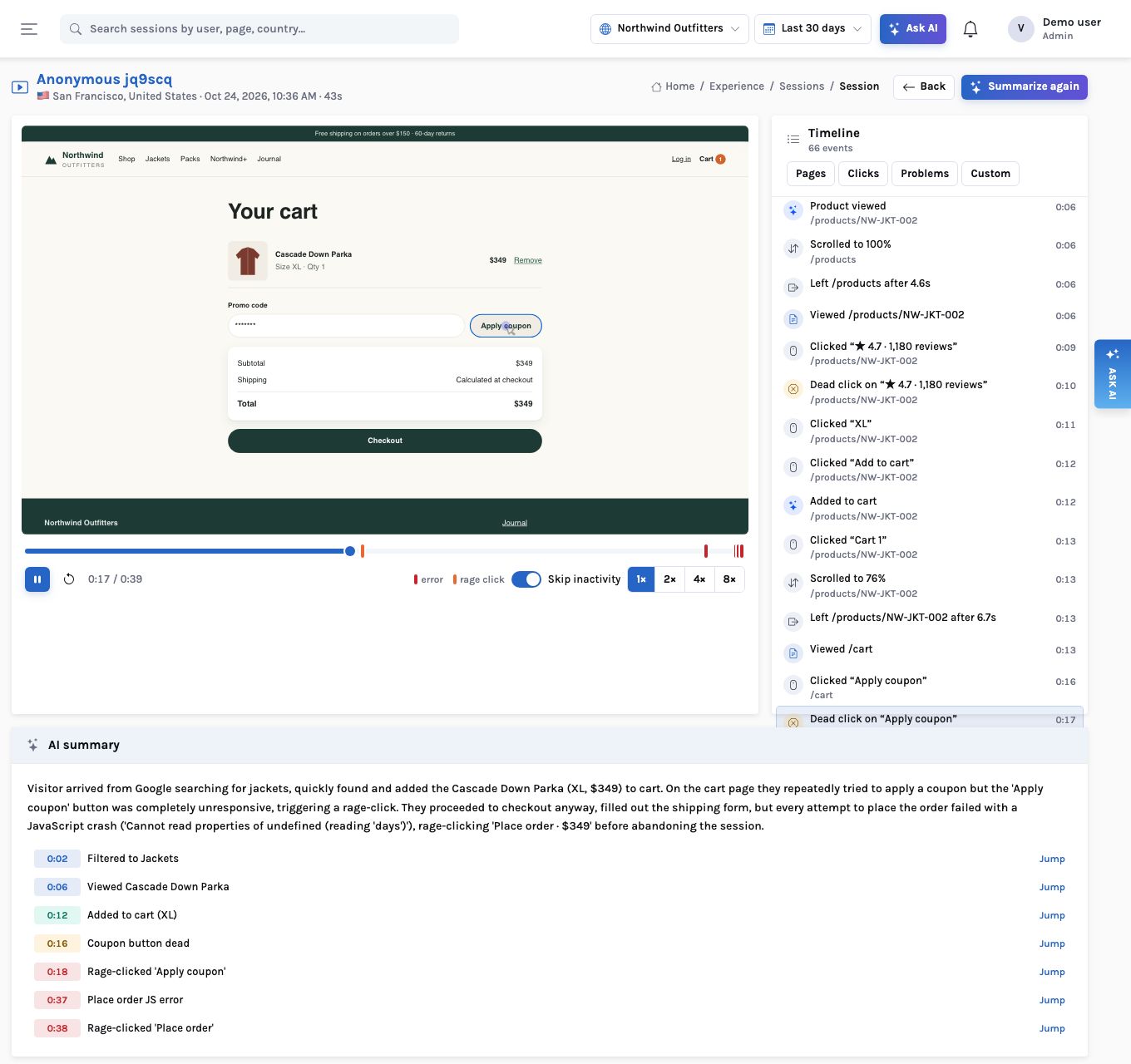 Session replay of ‘Anonymous jq9scq’ (San Francisco, 43s) paused on the Northwind cart page with the ‘Apply coupon’ button, a timeline of events on the right, and an AI summary with seven timestamped highlights from ‘Filtered to Jackets’ to ‘Rage-clicked ‘Place order’’.