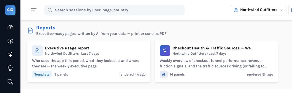 Reports list for Northwind Outfitters with two cards: &lsquo;Executive usage report&rsquo; (Template, 9 panels, last 7 days) and &lsquo;Checkout Health & Traffic Sources — We…&rsquo; (AI, 14 panels).