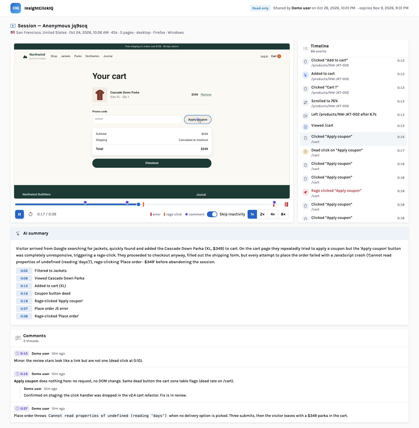 The public shared replay page, opened without signing in: &lsquo;Read-only &middot; Shared by Demo user on Oct 26, 2026 &middot; expires Nov 9, 2026&rsquo;, the replay player at 0:17 on the cart, the timeline, the AI summary with seven timestamped highlights, and the three comment threads read-only.