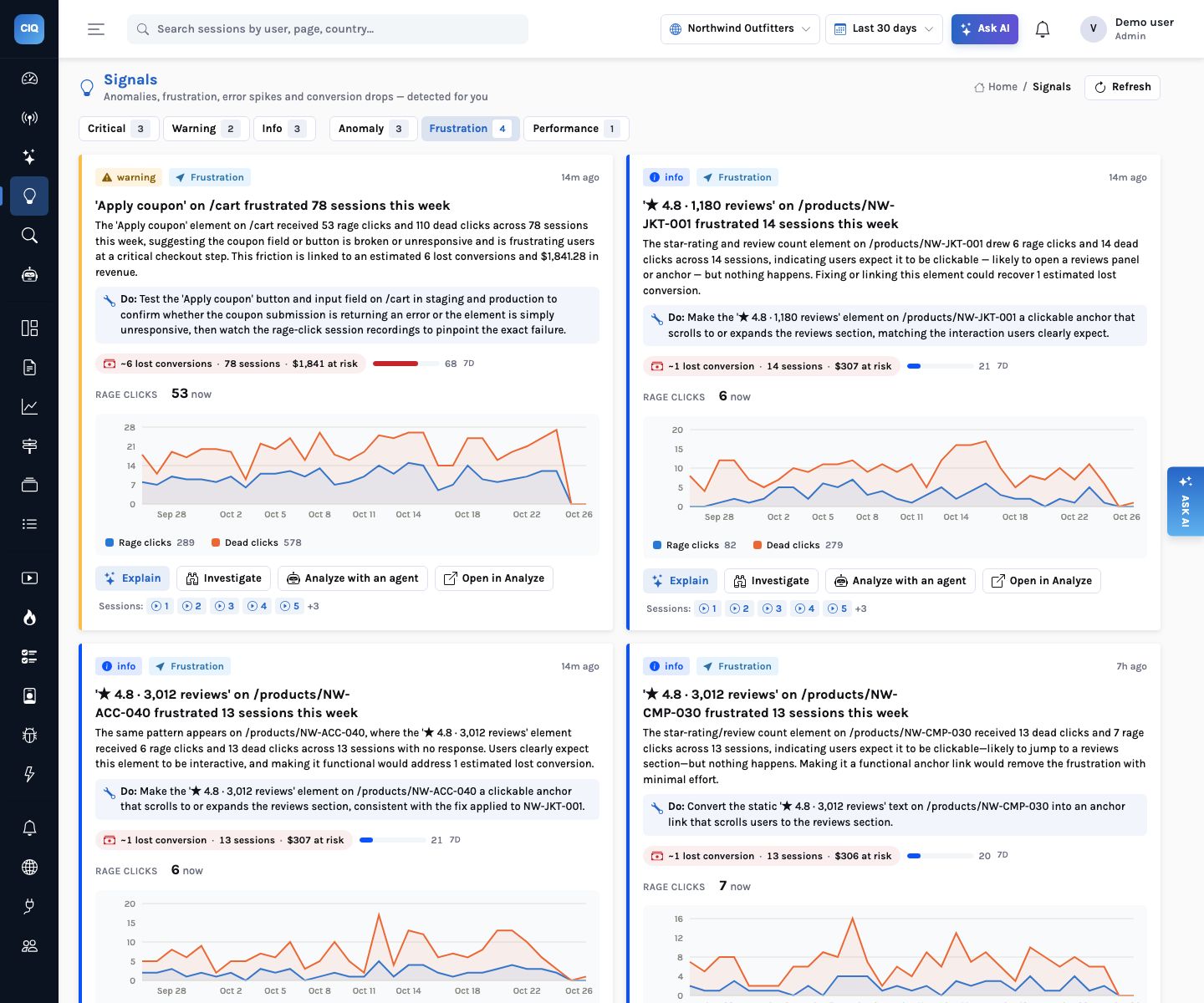 Signals page filtered to Frustration, with four cards including ‘’Apply coupon’ on /cart frustrated 78 sessions this week’ showing ~6 lost conversions, 78 sessions, $1,841 at risk, an impact score of 68, a ‘Do:’ recommendation and a rage/dead-click chart.